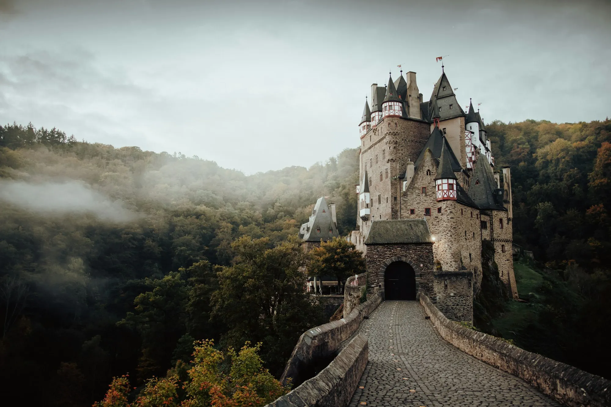 Burg Eltz in de Eifel, met ochtendnevel in de bossen